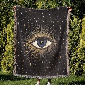 Mystical Eye Black and Gold Throw Blanket approx 85” x 60”